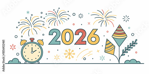 Vibrant 2026 New Year's celebration with colorful fireworks and clock