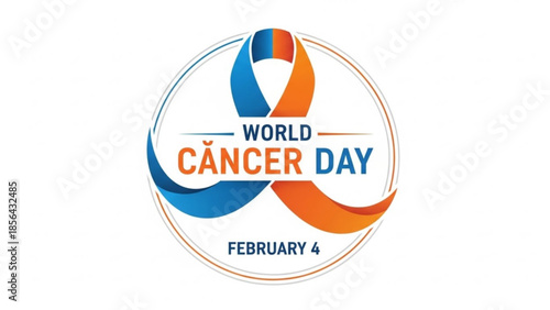 World cancer day awareness logo with blue and orange ribbon in circle february 4