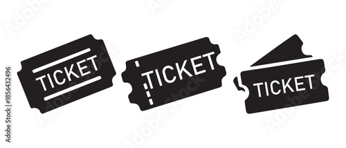 Black ticket stubs with the word TICKET printed on them on white background