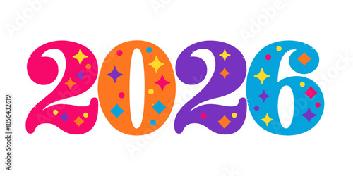 Vibrant colorful 2026 numbers with sparkles and stars