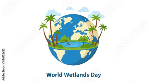 World wetlands day, earth globe with tropical palm trees and water, environmental conservation concept, eco friendly, world wetlands day awareness, climate change