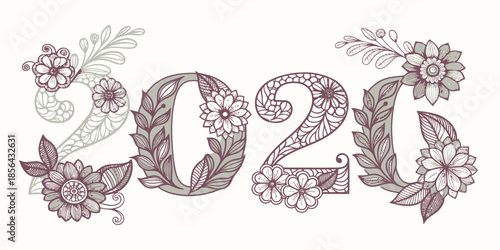 Elegant 2026 numbers with floral decorative elements, clean flat vector style, soft colors, graceful layout, minimal festive New Year background