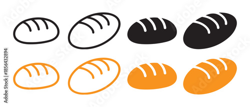 Set of four different stylized bread icons, black and orange outlines and solid.
