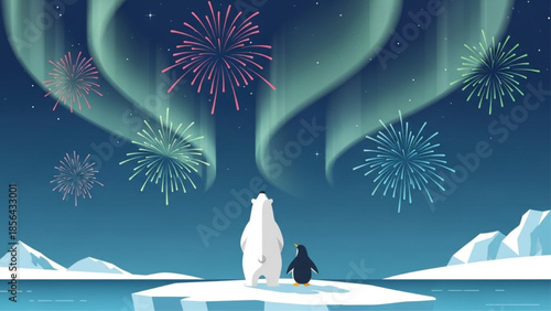 Polar Bear and Penguin Watching Fireworks