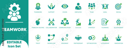 Teamwork and collaboration icon set. Features partnership, leadership, strategy, and trust symbols. Ideal for HR apps, coaching, and corporate training.