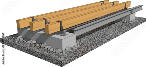 Railway track construction illustration, wooden sleepers with steel rails on gravel foundation, infrastructure engineering design isolated on white