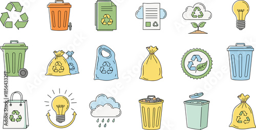 Recycling and eco friendly icons illustration set, waste management symbols, sustainability green energy concept, environmental protection graphics