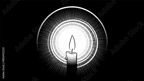 Single burning candle with bright glow and rays on a dark background, symbolizing hope and remembrance.