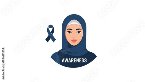 Woman wearing blue hijab with awareness text and blue ribbon for social issues and causes