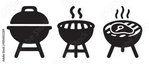 A set of three icons depicting a barbecue grill, showing different stages including closed, heating, and cooking meat.