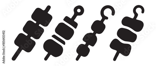 A collection of black silhouette icons representing different styles of grilled food skewers or kebabs.