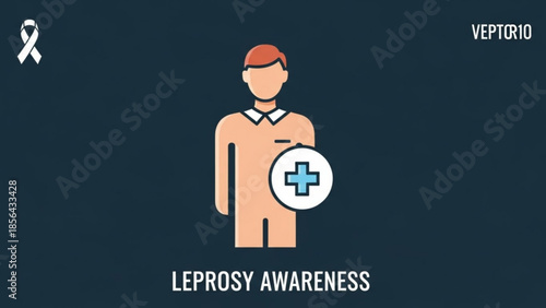Leprosy awareness campaign with a medical professional and blue cross symbol on a dark background with white ribbon