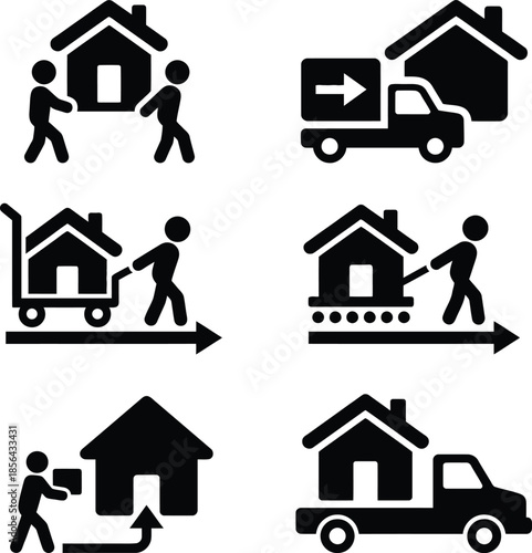 A collection of six icons illustrating different aspects of home relocation and moving services