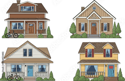 Residential house illustrations set, suburban family homes exterior design, modern cottage architecture, real estate vector collection