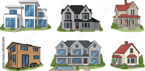 Residential houses illustration set, modern classic vintage homes, family housing architecture styles, suburban real estate exterior vector collection