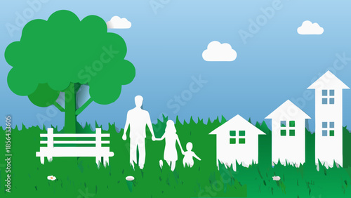 A simple paper cut illustration of a family near a tree and houses