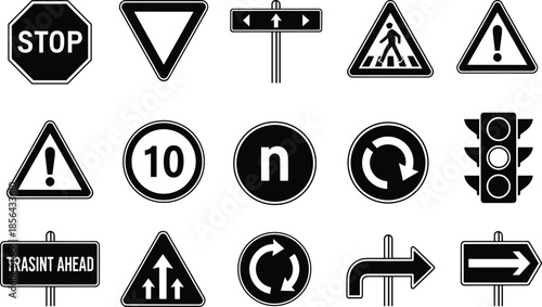 Road traffic signs icon set, stop warning direction pedestrian symbols, black and white transportation signage, vector illustration collection