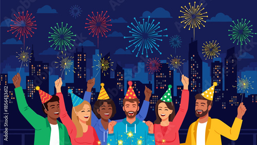 People Celebrating New Year's Eve in City Skyline with Fireworks at Night