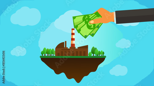 Money being offered to a factory on a floating island with clouds