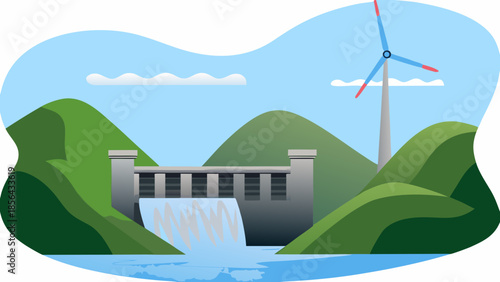 Hydroelectric dam and wind turbine generating clean energy in a scenic landscape