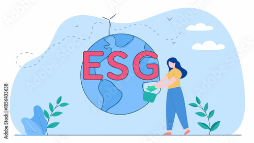 Woman tending to a plant near an earth with the letters ESG