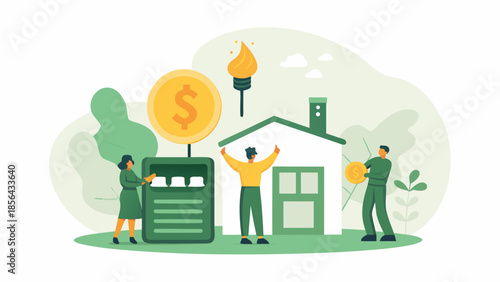 Sustainable home investment people celebrate green energy and financial growth