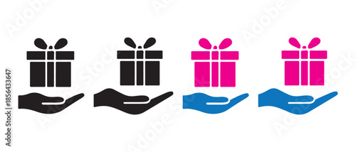 Hands offering a gift box icon set in black and white and colorful variations for web design.
