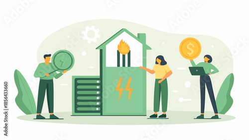Sustainable home energy solutions illustrated with people and green technology