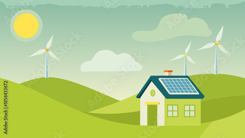 A peaceful landscape featuring a green house with solar panels and wind turbines