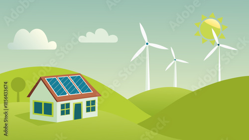 Sustainable living a house with solar panels and wind turbines in a landscape