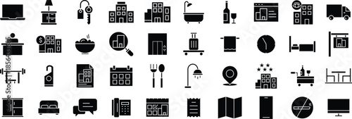 Hotel and Hospitality Solid Icon Set – Accommodation, Room Service, Reception, Booking, Luxury Amenities, and Travel Services Symbols