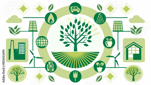 Sustainable living concepts showcasing green energy agriculture and ecological balance