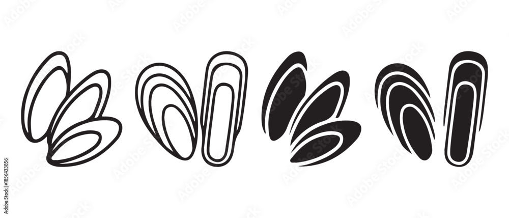 Fototapeta premium Simple Vector Icons of Mussels, Open and Closed Shells, Black and White.