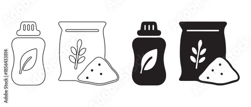 Outline and glyph icons depicting fertilizer bottle and bag for farming and plant care.