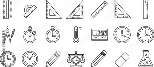 School tools icons, measurement, clock, pencil, ruler, stopwatch, protractor, triangle, flask, thermometer, balance, time, education, science,