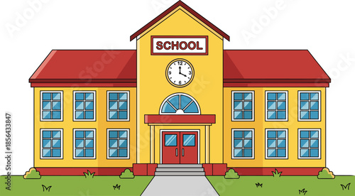 School building illustration with clock tower, education institution exterior, cartoon campus architecture, elementary school facade, academic learning concept