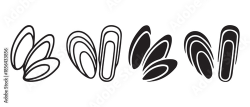Simple Vector Icons of Mussels, Open and Closed Shells, Black and White.
