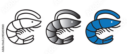 A stylized shrimp vector icon set illustrating outline, grayscale, and vibrant blue color options.