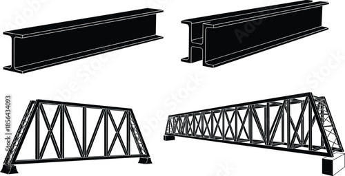 Structural engineering illustration, steel I-beam, truss bridge, black and white, construction design, architecture, support, load-bearing, industrial, infrastructure, metal framework,