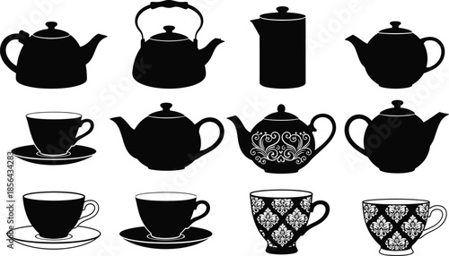 Tea and coffee set silhouettes, teapots kettles cups mugs collection, black kitchen drinkware icons, classic beverage illustration set