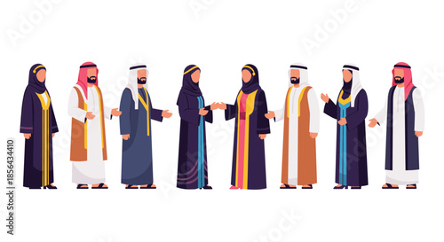 Flat Middle Eastern people vector set with Arab men and women in traditional attire