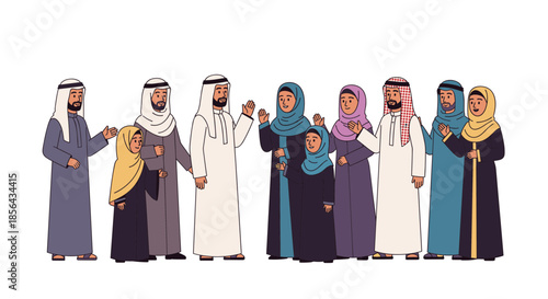 Arab men and women in traditional clothing flat cartoon vector illustration on white background