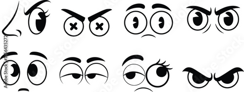 Cartoon eyes expressions vector illustration set with funny angry sleepy surprised looks, black and white emotive face elements for animation, comics, stickers