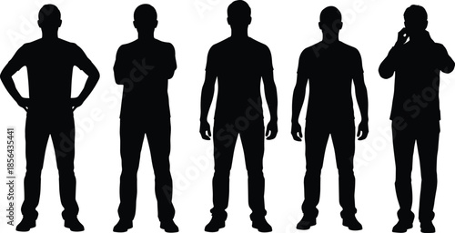Diverse group of professional men and women silhouettes standing in various poses wearing business and casual clothing on white background,