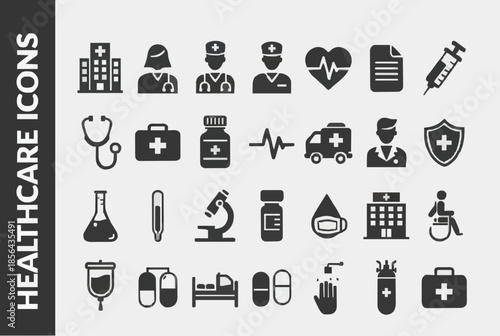Collection of medical and healthcare icons representing various aspects of the health industry, including hospitals, doctors, nurses, and medical equipment
