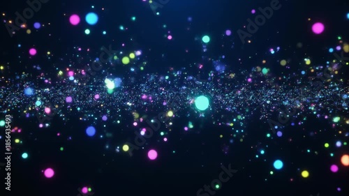 Vibrant particles dance in a dark cosmic environment viewed from a distant perspective showcasing technology and science