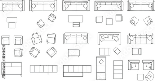 Furniture, layout, top view, interior, design, sofa, armchair, table, coffee table, side table, shelving, graphic, plan, drawing, arrangement, home, decor, schematic, black, white, concept