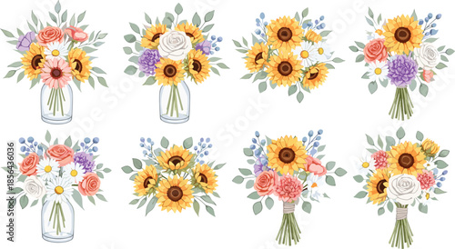 Floral, arrangement, bouquet, vase, flowers, greenery, design, colorful, aesthetic, rose, sunflower, daisy, pink, yellow, purple, orange, white, blue berries, illustration, concept, graphic