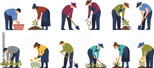 Gardening, activity, people, planting, harvesting, watering, digging, raking, inspecting, casual, attire, concept, illustration, graphic, minimal, stylized, nature, outdoor, work, set, design
