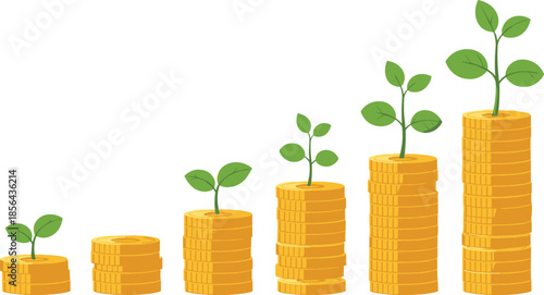 Growing money concept with plants sprouting from stacked gold coins showing investment growth, financial success, savings development, business profit and economic progress illustration